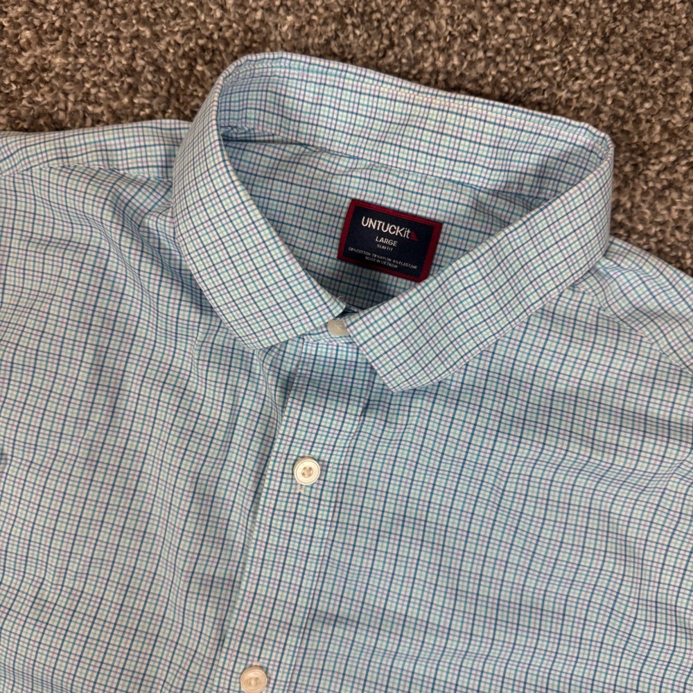 UNTUCKit Ashbourne Slim Fit Plaid Shirt Light Blue Mens Large